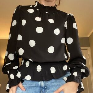 Meraki Black and White Polka Dot Blouse with Ruffle Detailing